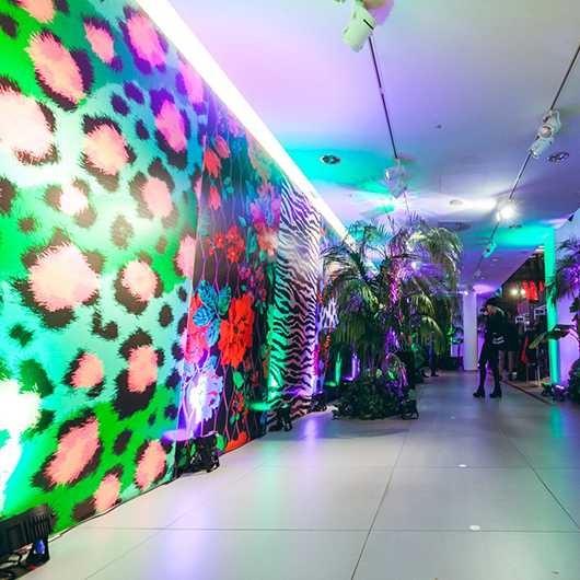 Laden-Interieur mit Tierdruck, Pflanzen und Neonbeleuchtung. Gebäude-Design.