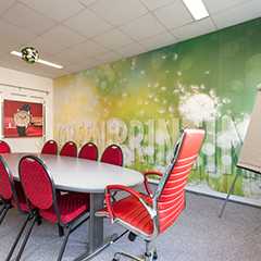 Konferenzraum mit Textiltapete. Wand mit Löwenzahn-Motiv, roter Bürostuhl. Tapete & Wand Design.