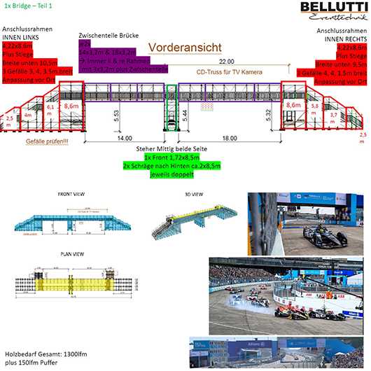 Formula E Branding Berlin 2023: Technische Zeichnung einer Brücke für TV-Kamera, Rennszenen.