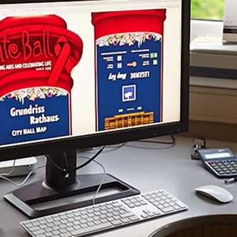 Bannering Druckvorstufe: Computermonitor zeigt Grafikdesign für Ball, Rathaus Grundriss.