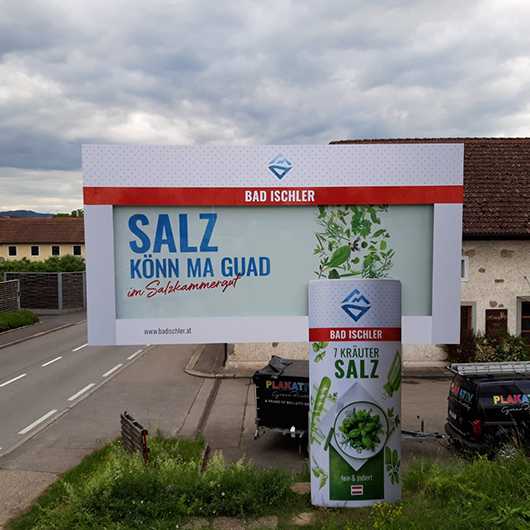 Aussenwerbung: Bad Ischler Salz Plakat. Kräutersalz Salz, könn ma guad im Salzkammergut Werbung.